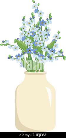 Joli bouquet de printemps et d'été de petit bleu oubliez-moi pas de fleurs avec des tiges et des feuilles dans un vase blanc. Design intérieur. Atelier de l'usine. Illustration vectorielle Illustration de Vecteur