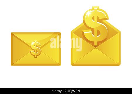 Enveloppes dorées avec signe dollar, icônes d'enveloppe isolées. Illustration de Vecteur