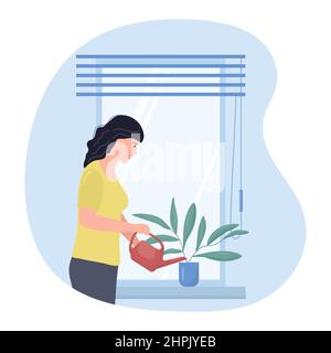 Illustration vectorielle Girl s'occupe des plantes de maison. Femme arrosoir des plantes dans un pot à partir d'un arrosoir. Jardinage à la maison. Floriculture. Semis. Croissance Illustration de Vecteur