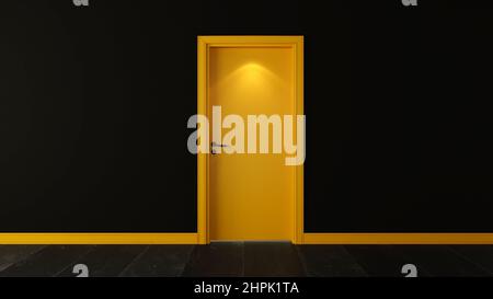 porte en bois jaune avec mur noir foncé et sol en pierre noire 3d rendu Banque D'Images