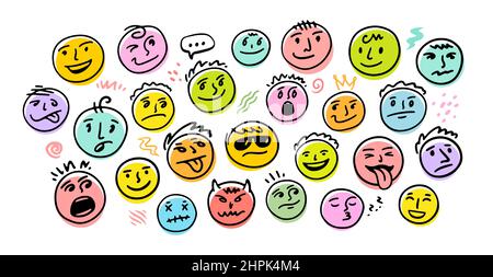 Ensemble de vecteurs emoji. Émoticônes caractères dans les expressions d'humeur heureux et triste. Illustration vectorielle Illustration de Vecteur