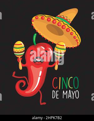 Logo Cinco de Mayo avec lettrage, et personnage de poivre mexicain portant un sombrero. Illustration vectorielle EPS10 Illustration de Vecteur