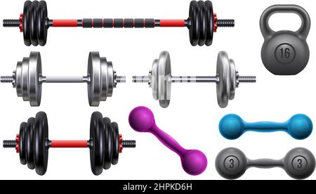 Appareils de gym réalistes, barbell, haltères et kettlebell. Outils de fitness et d'entraînement sportif pour l'exercice de musculation ensemble vectoriel Illustration de Vecteur