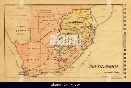 1899 carte de l'Afrique du Sud au moment de la Seconde Guerre des Boers. L'intérêt pour le progrès de la guerre était tel que des cartes comme celle-ci ont été produites avec un certain nombre de drapeaux des deux côtés dans la marge qui pourraient être coupés et placés sur la carte afin de suivre les mouvements militaires. Banque D'Images