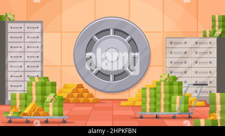 Coffre-fort à l'intérieur avec billets en dollars et cellule de dépôt. Rangement d'argent avec porte de coffre-fort, barres d'or et pièces de monnaie. Scène vectorielle de la salle des caisses de la banque Illustration de Vecteur