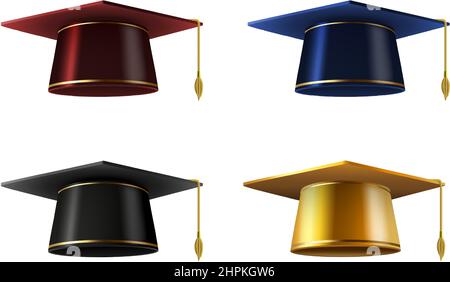 Bouchon de graduation 3D réaliste doré, bleu, rouge et noir. Chapeau carré universitaire pour la cérémonie des étudiants diplômés de l'université, ensemble de vecteur de célébration Illustration de Vecteur