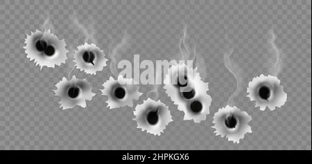 Trous métalliques des projectiles à canon avec effet de fumée. Fissures réalistes au niveau de la cible en acier. Concept de vecteur d'arme de feu criminelle ou de guerre Illustration de Vecteur