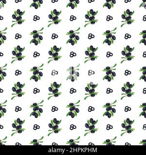 Motif sans couture avec branche d'olives noires, fruits et feuilles. Imprimé traditionnel grec sur fond blanc. Illustration vectorielle plate Illustration de Vecteur