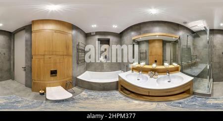 Vue panoramique à 360° de panorama 360 hdri sans couture à l'intérieur de la salle de bains chère dans les appartements modernes avec bidet et lavabo en projection équirectangulaire avec zen