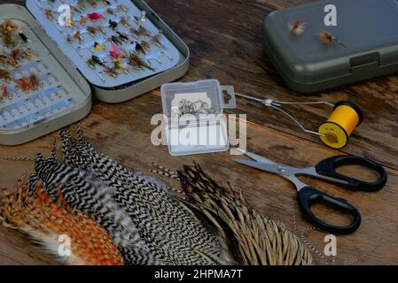 équipement de pêche à la mouche Banque D'Images