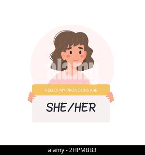 Pronoms de genre - femme tenant signe avec pronom, personnage de femme. Illustration vectorielle de style plat Illustration de Vecteur