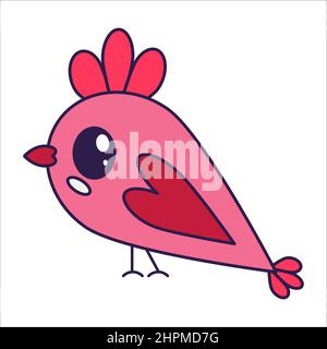 Kawaii – oiseau emblématique de la Saint-Valentin avec perruque en forme de coeur. Symbole de l'amour dans un style pop-line tendance. L'oiseau mignon avec un coeur est en rose, rouge, et cora Illustration de Vecteur