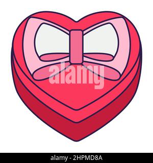 Boîte cadeau rétro Icon de la Saint-Valentin en forme de coeur. Symbole de l'amour dans un style pop-line tendance. Le cadeau mignon avec un noeud est en rose doux, rouge, un Illustration de Vecteur