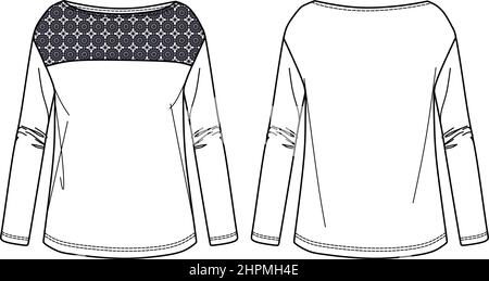 T-shirt à manches longues Vector Fashion CAD, haut femme avec dentelle et encolure bateau dessin technique, modèle, croquis, plat, maquette. Blouse en jersey wi Illustration de Vecteur