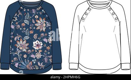 Vector Woman sweatshirt fashion CAD, sweat-shirt à col rond avec dessin technique imprimé, modèle, croquis, plat. Sweat-shirt en polaire ou en tissu tissé avec Illustration de Vecteur