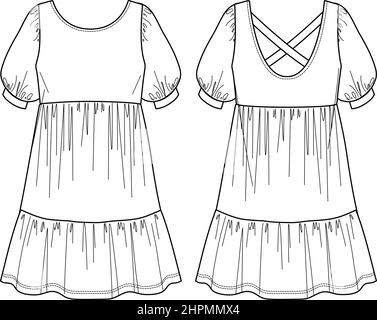 Volumineuse petite robe, robe tendance avec volants esquisse vectorielle, robe à col rond mode CAD, dessin technique, plat, maquette, modèle. Jersey ou wov Illustration de Vecteur