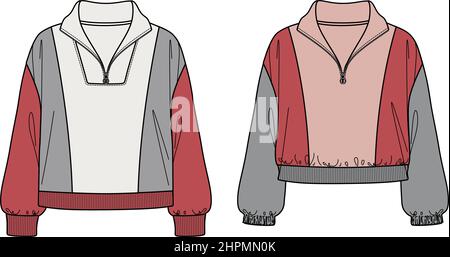 Sweat-shirt Vector unisex Fashion CAD, sweat-shirt femme avec côtes et zip détails dessin technique, modèle, plat, sketch.Fleece, jersey ou fab tissé Illustration de Vecteur