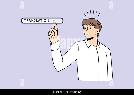 Concept de bouton technologies de traduction en ligne. Jeune homme travailleur choisir la traduction dans la barre de recherche sur l'écran virtuel de transcription de langage Internet de mise en réseau illustration de vecteur Illustration de Vecteur