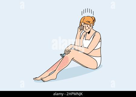 Problèmes de peau après le rasage. Jeune fille pleure assise avec des jambes rouges endolories ayant des problèmes avec l'illustration du vecteur de rasage Illustration de Vecteur