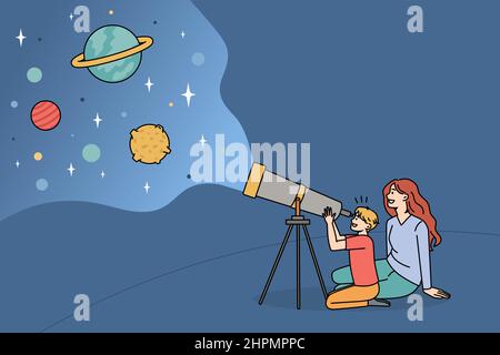 Explorer le monde avec le concept d'enfant. Une mère souriante assise et montrant des choses intéressantes à l'enfant dans l'espace en regardant des étoiles sur l'illustration du vecteur du télescope Illustration de Vecteur