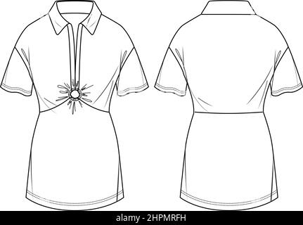 Dessin technique de mini-robe vecteur, robe courte d'été avec détail smoking mode CAD, robe femme avec col polo esquisse, modèle. Jersey ou tissé Illustration de Vecteur