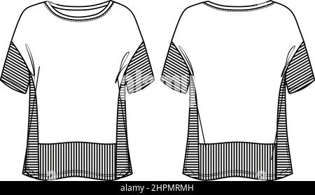 T-shirt à manches courtes Vector avec motif à rayures CAD mode, T-shirt femme à col rond dessin technique, croquis, modèle, plat, maquette. Jersey ou Illustration de Vecteur