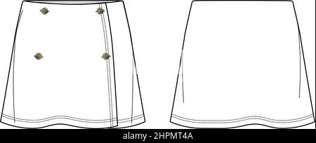 Vector mini jupe mode CAD, enveloppée jupe femme avec bouton détail esquisse, modèle, plat, dessin technique. Jupe en jersey ou en tissu tissé à franges Illustration de Vecteur