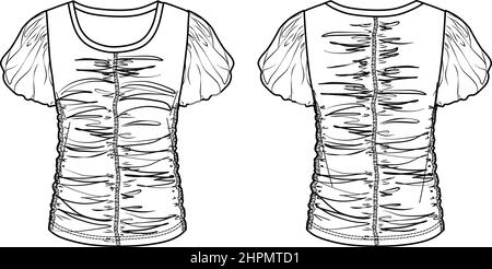 T-shirt à manches courtes vectorisées CAD, femme tendance haut à col rond dessin technique, chemisier tendance avec détail froncé, modèle. JERS Illustration de Vecteur