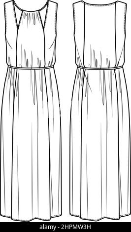 Vector sans manches maxi robe dessin technique, femme longue robe avec découpes et accessoire de cou mode CAD, esquisse, modèle, plat. Jersey ou tissé Illustration de Vecteur