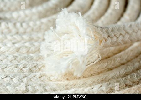 Gros plan de l'extrémité effilochée d'une corde en coton blanc mince couramment utilisée au Royaume-Uni pour suspendre des vêtements à l'extérieur pour sécher. Banque D'Images