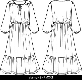 Vector maxi robe bohème mode CAD, femme évasée à col rond longue robe technique dessin, modèle, esquisse, plat, maquette. Jersey ou tissu tissé Illustration de Vecteur