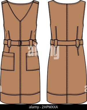 Vector été v cou robe mode CAD, femme mini robe avec ceinture et poches dessin technique, modèle, plat, croquis. Robe en jersey ou en tissu tissé Illustration de Vecteur