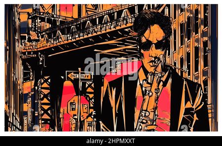 Saxophoniste près du pont de Manhattan à brooklyn - illustration vectorielle Illustration de Vecteur