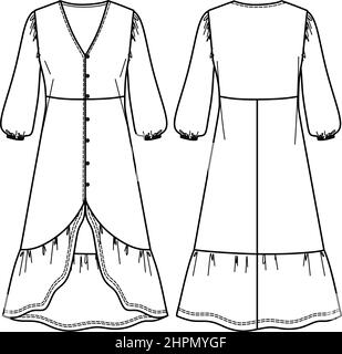 Dessin d'habillage technique maxi boho vectoriel. Robe femme à manches longues mode CAD, col en V devant boutonné dessin robe, modèle Illustration de Vecteur
