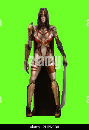 Illustration de l'œuvre de pixel du personnage guerrier amazone de fantaisie en costume d'armure et épée sur fond vert d'écran. Banque D'Images