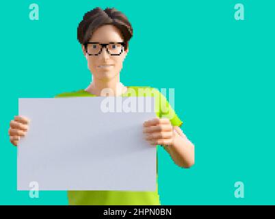 Pixel 3D affiche l'illustration du personnage étudiant dans des lunettes sur fond bleu, avec un signe vierge. Banque D'Images