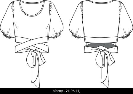 Vector femme col rond chemisier esquisse, blouse avec manches ballons mode CAD, Summer Crop top, dessin technique, femme plat, modèle. Jersey ou W Illustration de Vecteur