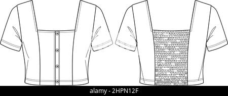 T-shirt à manches courtes Vector Fashion CAD, femme tendance à col carré petit top dessin technique, modèle de chemisier tendance, plat, croquis. Jersey ou WO Illustration de Vecteur