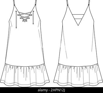 Vector short évasé robe mode CAD, femme une robe de forme avec des franges dessin technique, robe avec fines bretelles modèle, plat, croquis. JERS Illustration de Vecteur