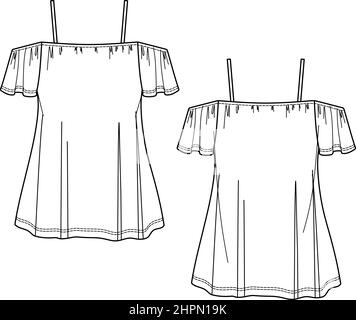 Dessin de chemisier à l'épaule avec ouverture vectorielle, CAD haut de gamme pour femmes, dessin technique avec débardeur Illustration de Vecteur