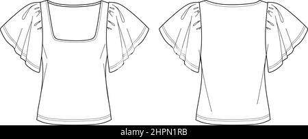 Vector cloche manches courtes t shirt mode CAD, femme tendance à col carré haut dessin technique, modèle de chemisier tendance, plat, croquis. Jersey ou WO Illustration de Vecteur