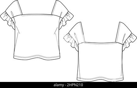 Vector à manches courtes haut de mode CAD, femme t-shirt à col carré surdimensionné avec volants et volants dessin technique, modèle, croquis, plat. Jersey ou Illustration de Vecteur