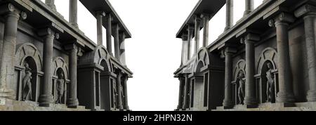 3d réaliser des illustrations d'anciens murs de temple de fantaisie grecque avec des sculptures et des colonnes isolées sur fond blanc, vue perspective. Banque D'Images