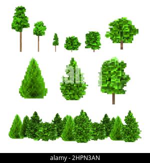 Illustration pixel de 8 bits de différentes formes d'arbres verts isolés sur fond blanc. Banque D'Images