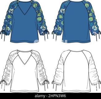 Blouse femme à col en V avec détail fronçant CAD de mode, haut à manches longues ballons avec croquis de noeuds, dessin technique, plat, modèle. Jersey ou tissé f Illustration de Vecteur