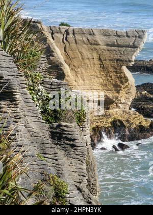 Plan vertical des couches exposées de roche de lave près de Greymouth en Nouvelle-Zélande Banque D'Images