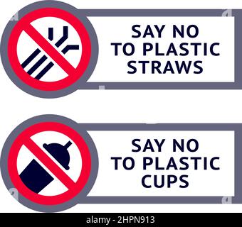 Dites non aux tasses et pailles en plastique, étiquettes écologiques tendance pour l'impression, illustration vectorielle Illustration de Vecteur