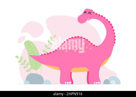 Mignon Pink dino brontosaurus. Gentille sourire bébé dinosaure brachiosaurus. Bannière à motif graphique pour bébé. Design original et créatif pour les filles. Dessin à la main diplodocus vecteur eps illustration Illustration de Vecteur