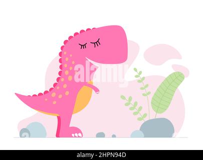 Joli dinosaure rose. Un petit dinosaure souriant tyrannosaurus gentil. Bannière à motif graphique pour bébé. Un t-rex original et créatif pour les filles. Illustration du vecteur de dessin manuel eps Illustration de Vecteur