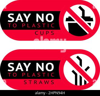 Dites non aux tasses et pailles en plastique, deux étiquettes rouges tendance écologiques pour l'impression, illustration vectorielle Illustration de Vecteur